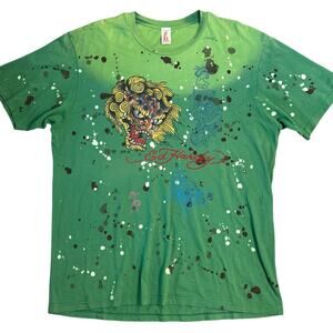 Ed Hardy Tee Le Vif Production VTG Y2K Asian Tiger Splatter Distressed Green XL